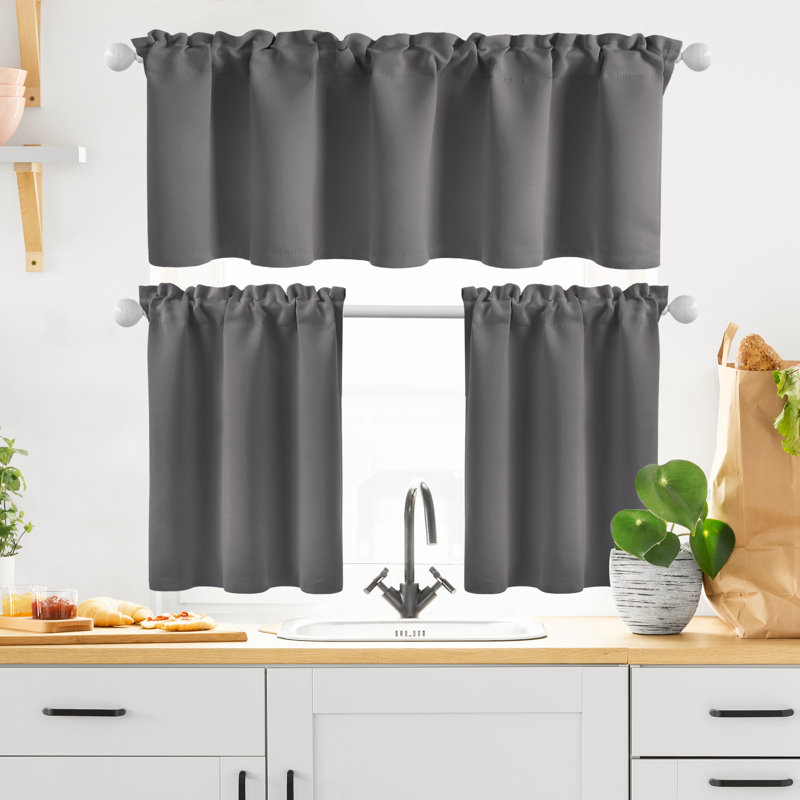 Blackout Rod Pocket Kitchen Curtain Valance and Tiers Set, Light Gray, 30" W x 26" L