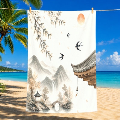 1Pcs Oriental Landscape Towel, featuring a serene scene with mountains, waterfall, bridge, and flying swallows in traditional ink wash style. Ideal for beach, bath, travel, unisex.