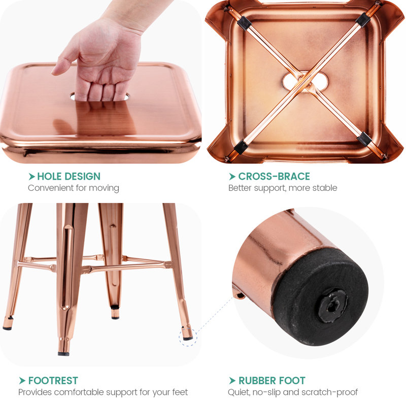 Almodovar 24" 24 Inch Metal Bar Stools, Backless Counter Height Barstools, Stackable Stools with Square, Rose Gold