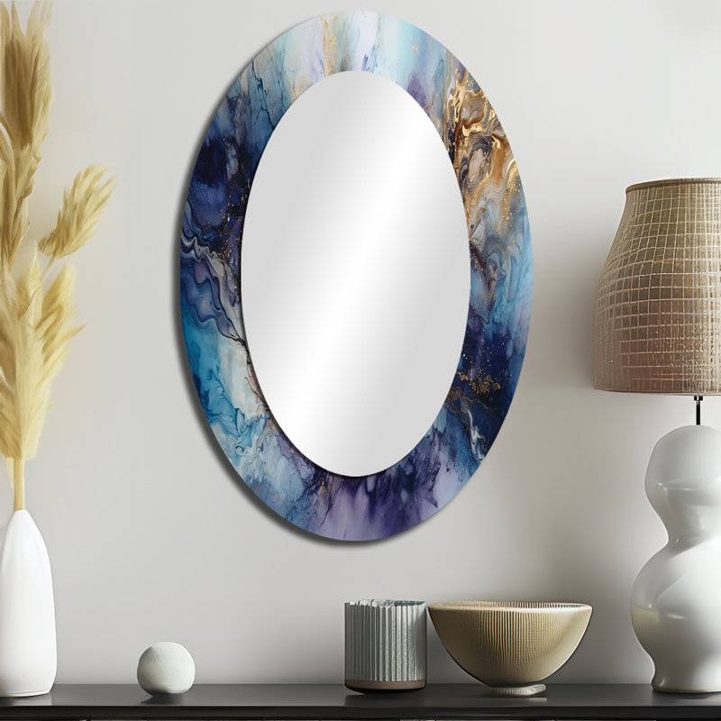 «Raevin», mauve captivant, encre liquide I - miroir en marbre, miroir mural décoratif doré, impression d'art en métal, Ovale