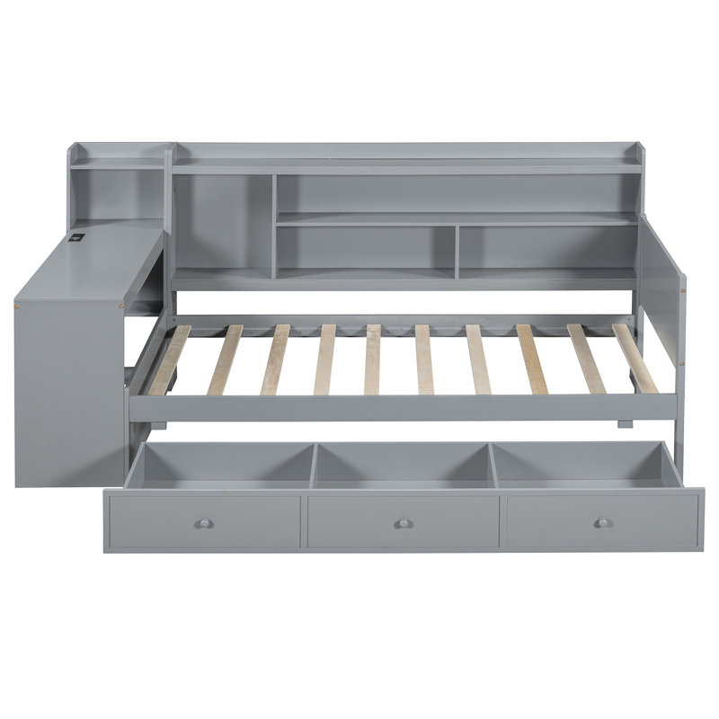 Twin Size Daybed With 3 Drawers & Desk In Gray - Strong And Pine Wood Frame Wooden Storage Drawers, Port Construction For Bedroom Comfort