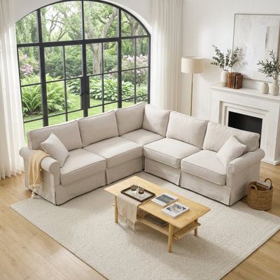 94" W Classic Modular Sectional Sofa Reversible L-Shaped 5-Seat with Soft Linen Fabric