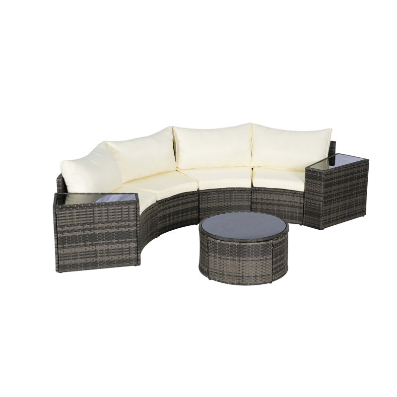 Ensemble de canapé modulaire d'extérieur demi-lune 7 pièces avec table basse ronde en verre trempé, Beige