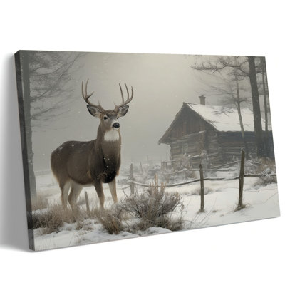 Hiver, art mural de toile de cerf d'hiver, impression de toile de paysage de chalet de neige rustique, œuvre de renne des Fêtes, affiche de peinture de photo de Noël, décoration murale de chalet Woodland pour le salon, 18 x 24 pouces