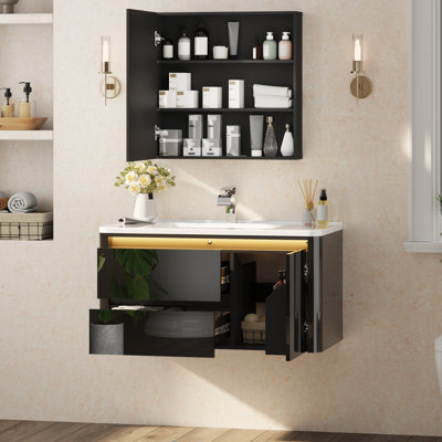 36" Floating Bathroom Vanity with Sink + LED Sensor Mirror, Wall Mounted Bathroom Cabinet Storage, Soft-Close Drawers