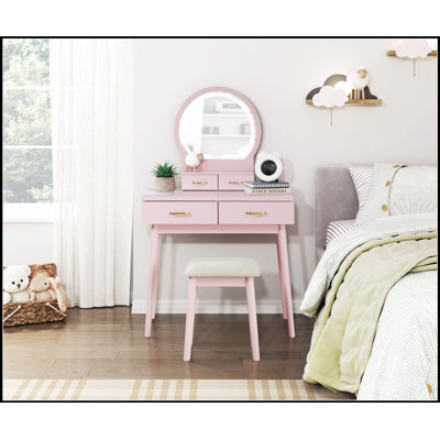 Magnifique commode de coiffeuse rose avec miroir, tabouret et tiroirs de rangement pour l'élégance et la fonctionnalité de la chambre à coucher