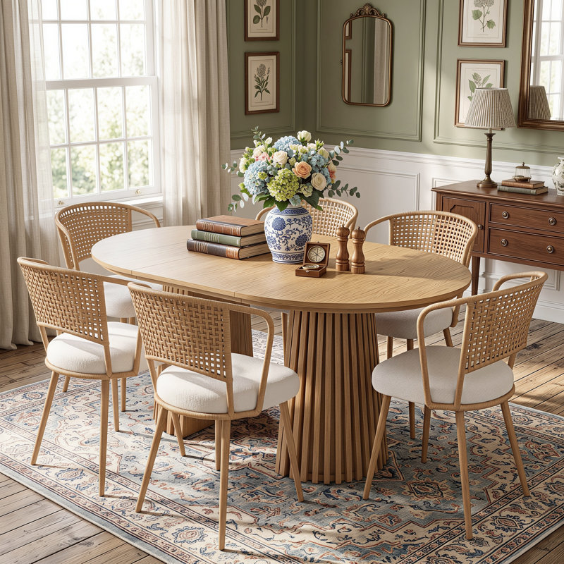 Ensemble table et chaises ovales extensibles (39,37" à 70,87") avec chaises en rotin, Beige, 7 pièces : table, 6 chaises