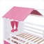 Lit superposé simple de style maisonnette en bois massif avec fenêtres et tente décoratives élégantes, rose et blanc doux
