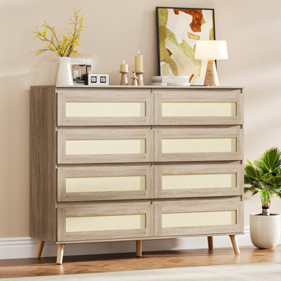 8-Drawer Rattan Dresser Wood Storage Cabinet