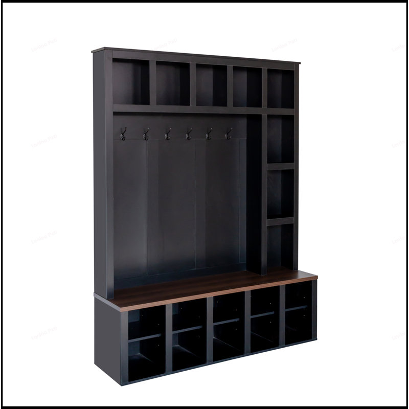 Versatile Wooden Hall Tree with Hooks, Adjustable Shelves, and Storage Bench for Organized Entryways, Black