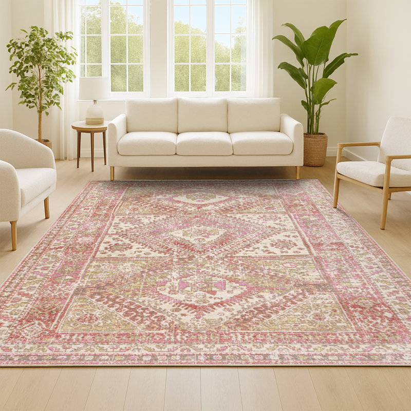 Tapis rose avec médaillon géométrique décoratif Peregrine, Rectangle 7 pi 9 po x 10 pi
