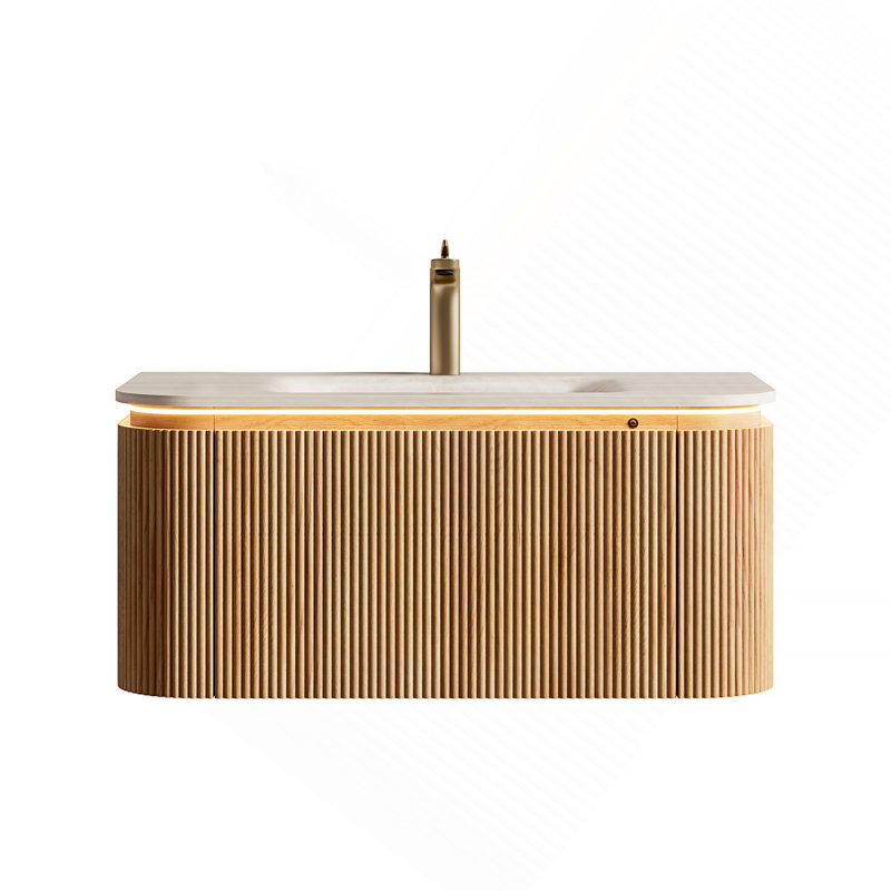 Meuble-lavabo et lavabo 36 po, commode rayée à bords arrondis avec tiroir, capteur de lumière, lavabo intégré en pierre frittée à motif de travertin, grain de bois naturel pré-assemblé
