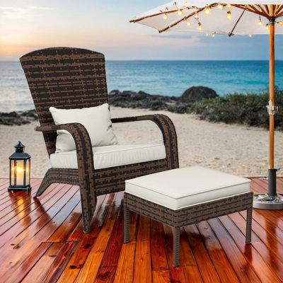 Wicker Outdoor Adirondack Chair and Ottoman Set with Padded Cushions