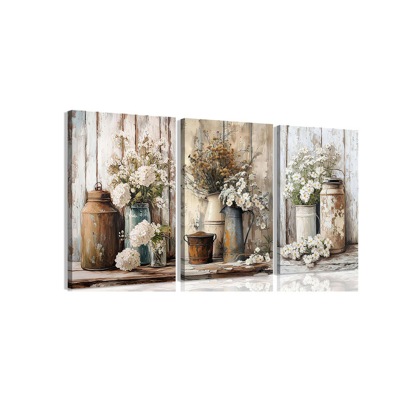 Vintage Rustic Farmhouse Canvas Wall Art Vintage Country Floral Still Life Wall Decor White Daisy Paintings Pictures Wildflower Prints Artwork For Kitchen Bathroom Living Room Decoration 16X24in