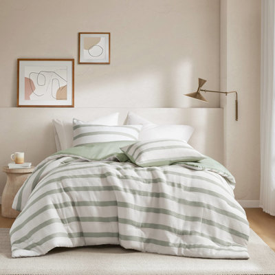 Édredon très grand / très grand avec rayures, motif froissé doux, superposition à l'année, revers en microfibre, sauge sans effort pour lit 3 pièces, utilisation toutes saisons, style minimaliste moderne, dossier ultra