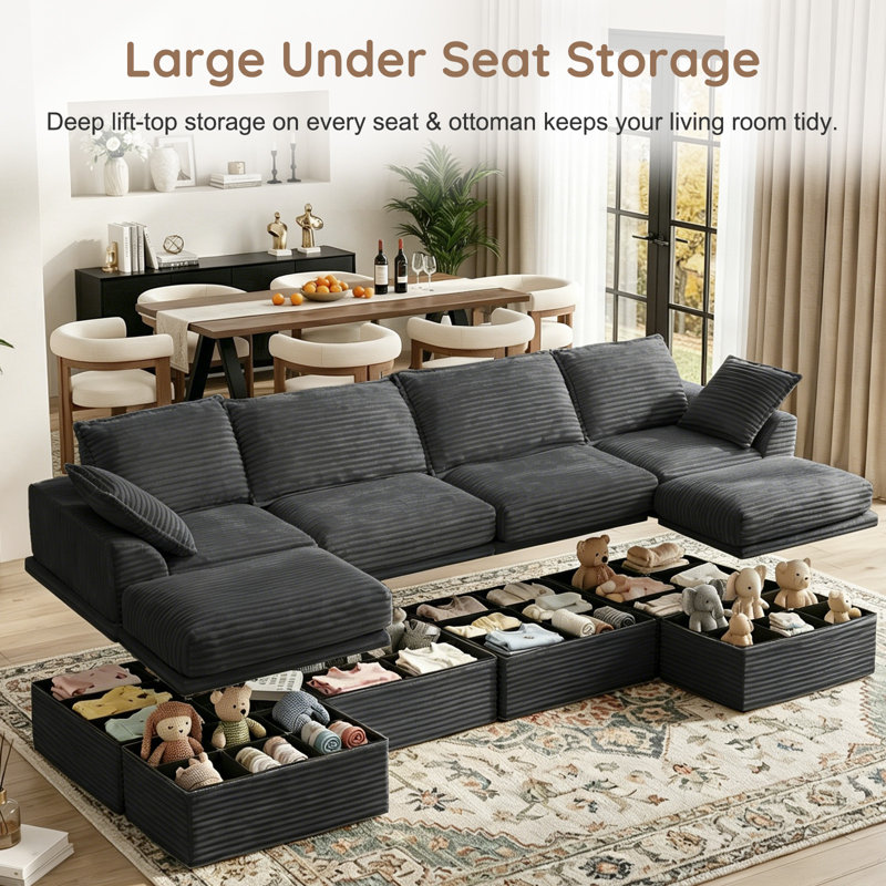 Boneless 142" Cloud Modular Sectional Couch with 2 Ottomans, Modern Minimalist Upholstered Sofa, Comfort U Shaped Couch for Living Room, Deep Seat Corner Sofa with Under-Seat Storage, Easy Assembly Required