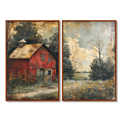 Vintage Red Grey Winter Country Barn - Farm Barn Wall Decor 2 Pieces