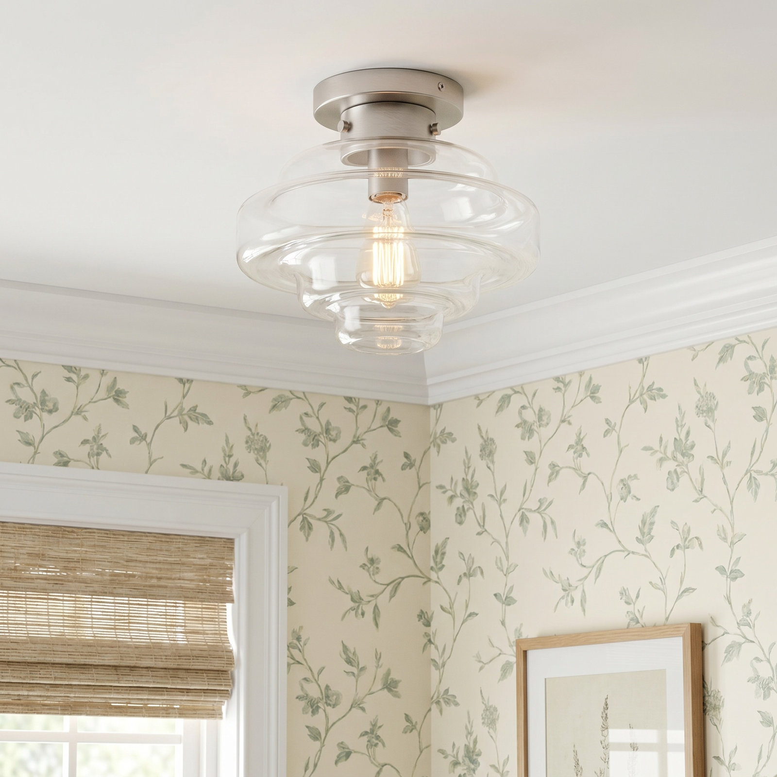 Hopson Single Light Glass Flush Mount, Satin Nickel