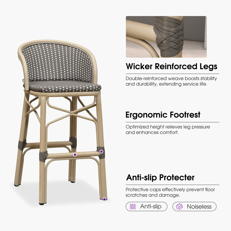 Tabouret de bar en PE en rotin avec accoudoirs ergonomiques PURPLE LEAF, Gris clair