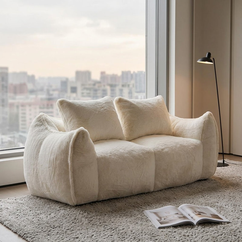Modern Oversized Bean Bag Loveseat Sofa,Plush Fluffy Lounge Chair with Pillows for Living Room and Bedroom, White 