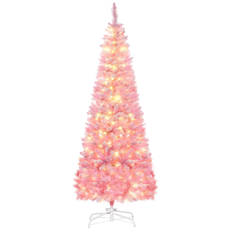 Arbre de Noël artificiel enneigé 6 pi avec forme de crayon, branches de pin réalistes, lumières DEL blanc chaud, ouverture automatique, rose et blanc