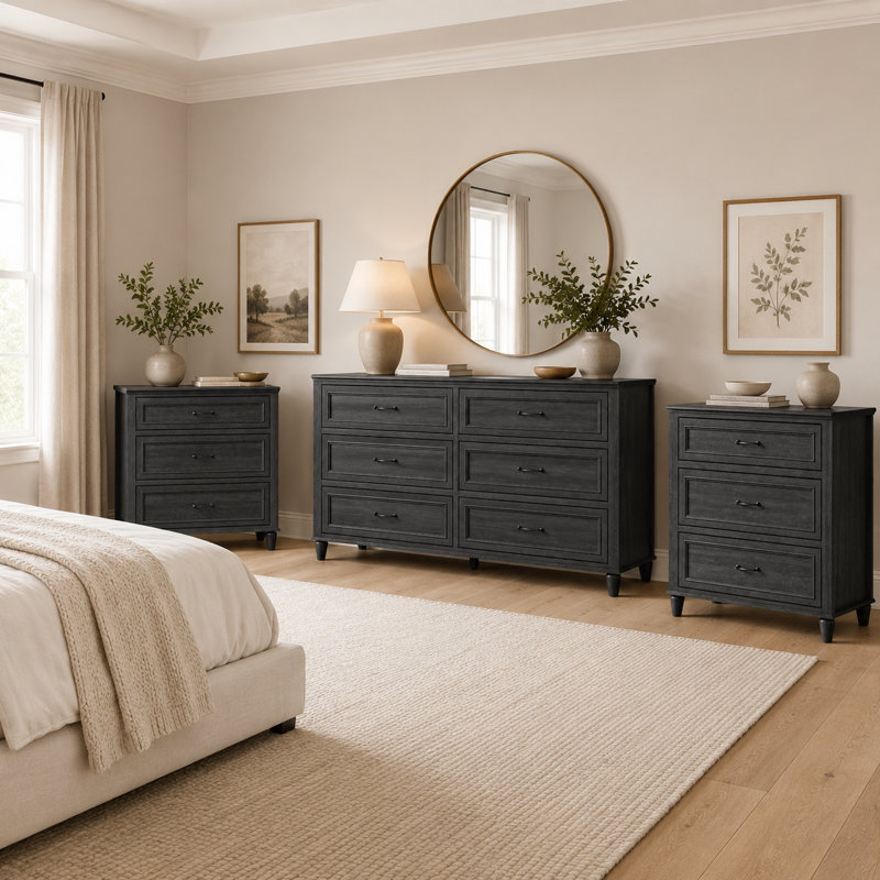 Cynthiana 3-Piece Bedroom  Set with 6-Drawer Double Dresser and Two 3-Drawer Chests, Charcoal