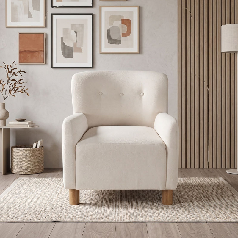 Fauteuil d'appoint capitonné avec coussin en mousse, accoudoirs et pieds en bois massif, idéal pour le salon ou un coin lecture.