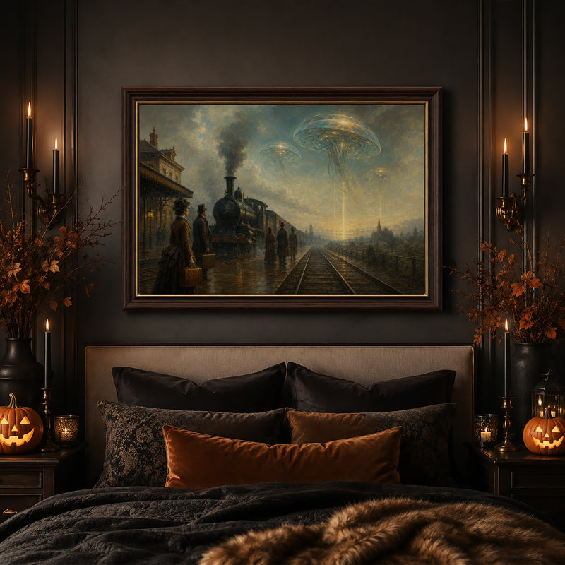 " Steam Train and Glowing Jellyfish UFOs at Halloween " Painting, 16"H x 24"W