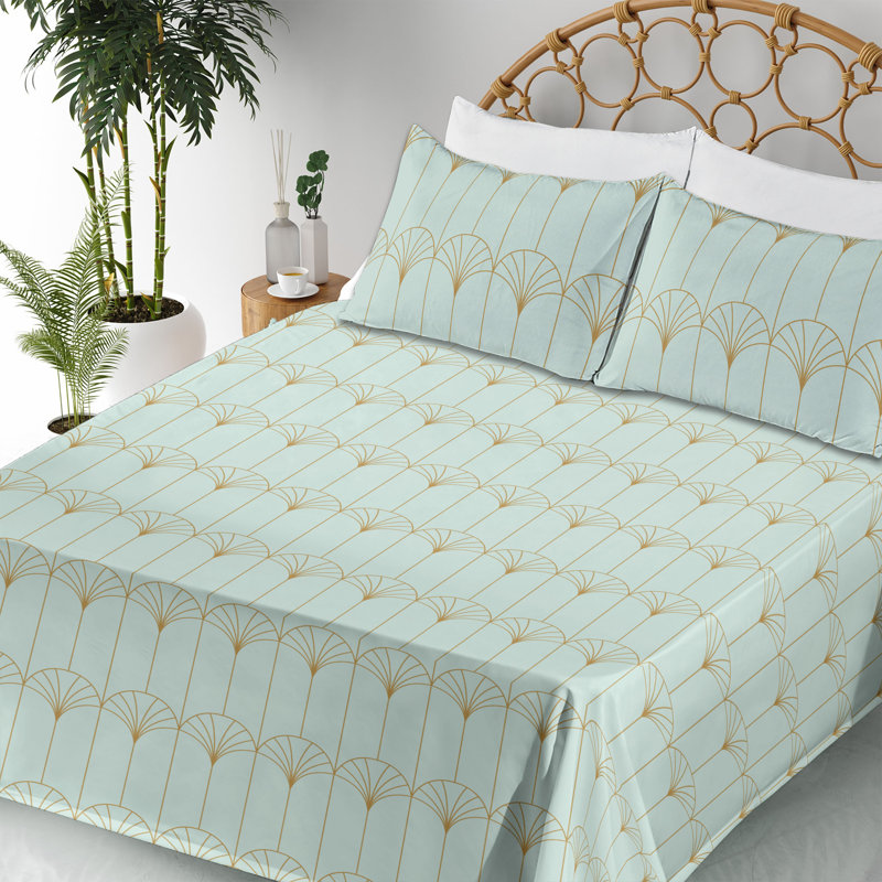Microfiber Sheet Set, Full Sheet Set with 2 Pillowcases, Light Mint Green/Sand Brown Geometric