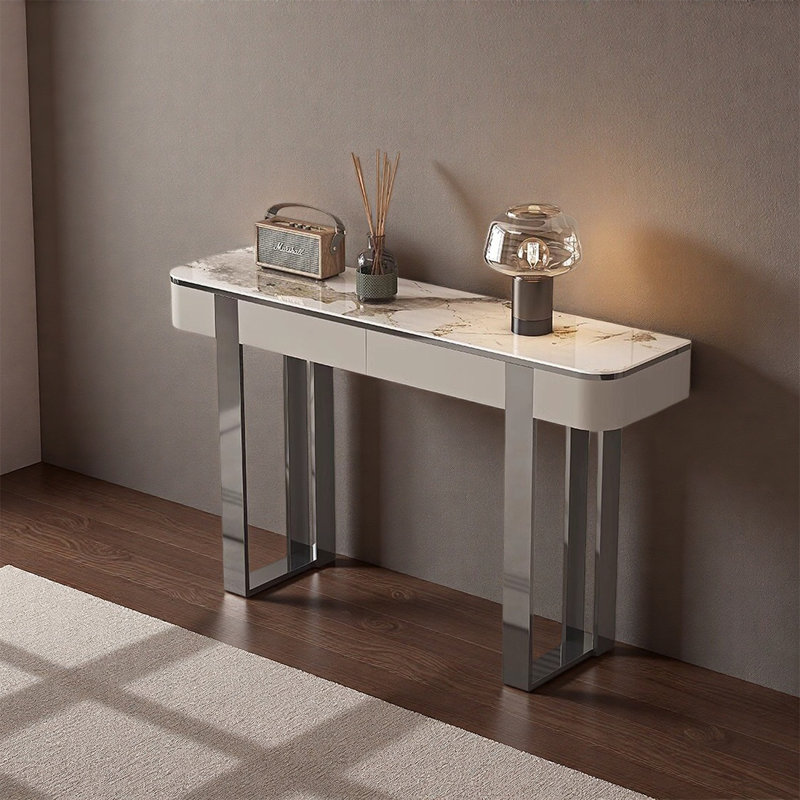 Console en pierre avec base en acier inoxydable, H 33,46 po x l 54,33 po x P 13,78 po, Brun / Blanc, Gris