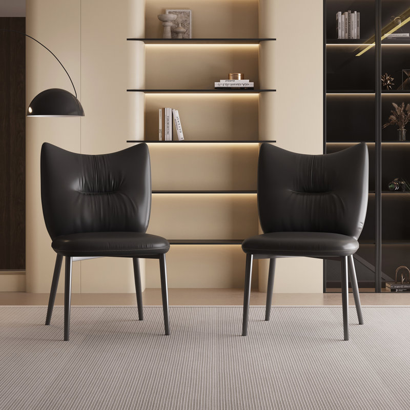 Dining Chairs Set Of 2 Leather Upholstery Metal Frame, Black