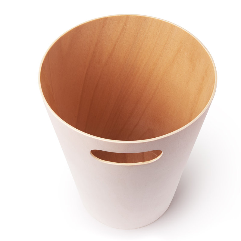 White and Natural Wood Bathroom Trash Can with Handles
