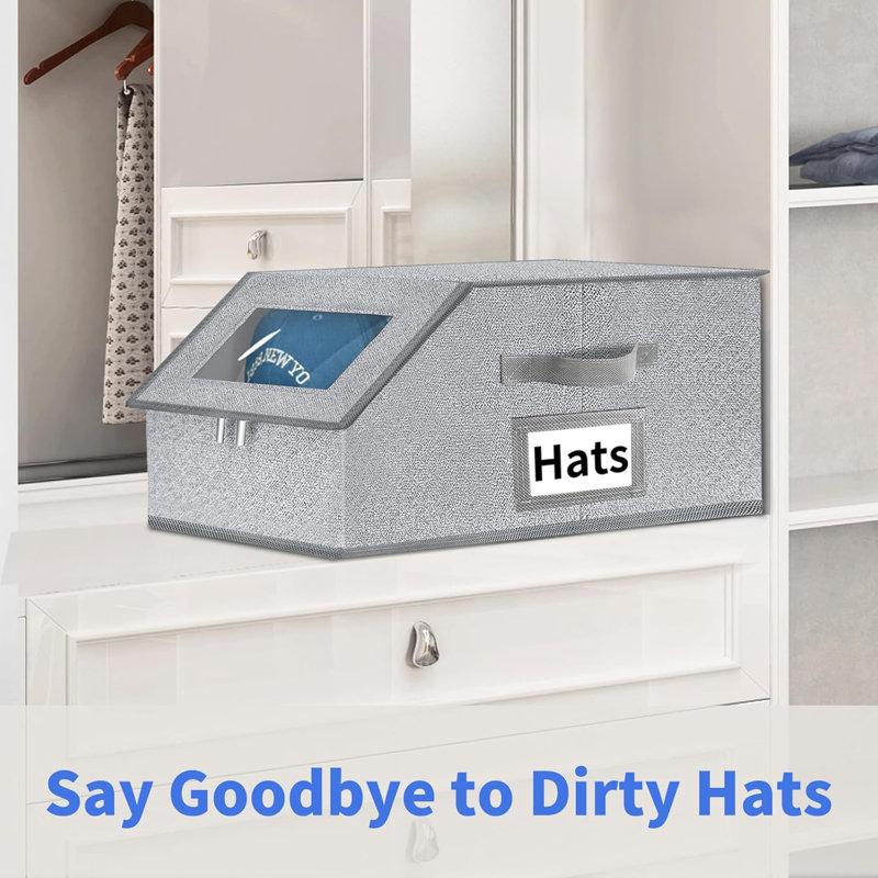 Hat Organizer For Baseball Caps - 2PCS Stackable Storage With Clear Window Lid, Flip-Top Access, Space-Saving Hat Box For Closet, Breathable Fabric (Grey)
