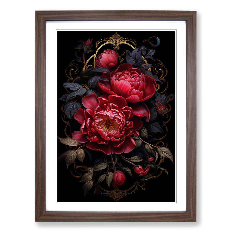 Peony Flower Gothic - Single Picture Frame Print on Wood, 64cm H x 46cm W x 2cm D, Walnut Framed