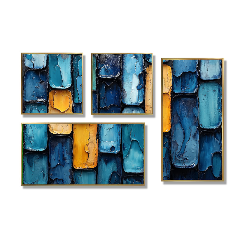 «Geometric Pulse Optic Art I», reproduction d'art sur toile abstraite 4 pièces, Impression encadrée sans passe-partout, Doré