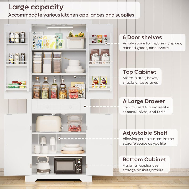 White 72" Tall Kitchen Pantry Cabinet with Motion Sensor Light