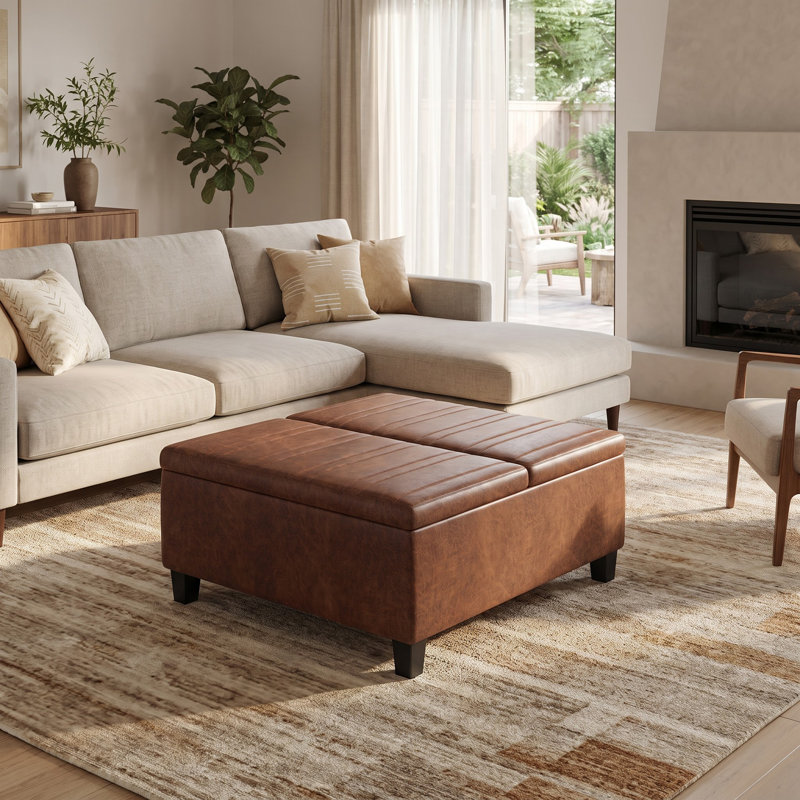 Repose-pieds de rangement pour table basse Ellis, Simili cuir brun délavé
