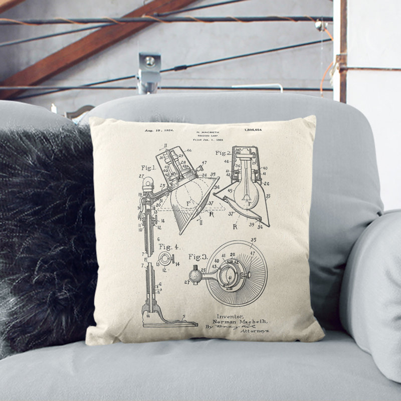 Reading Lamp Patent Square Throw Cushion, 55cm H x 55cm W x 20cm D, White