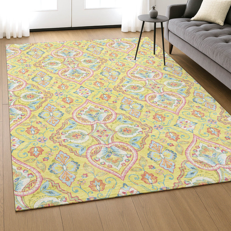 Premium Machine Washable Mayfield AMF2207 bohemian Rug, Yellow, 5' x 7'6"