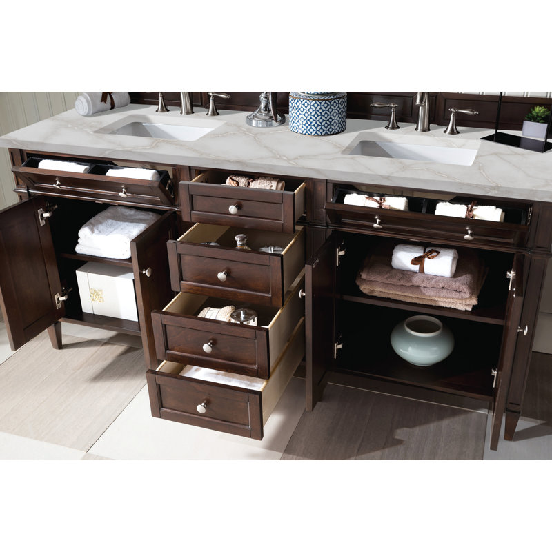 Meuble-lavabo double l 72 po Dussault, Acajou bruni, Argent victorien, 8 po