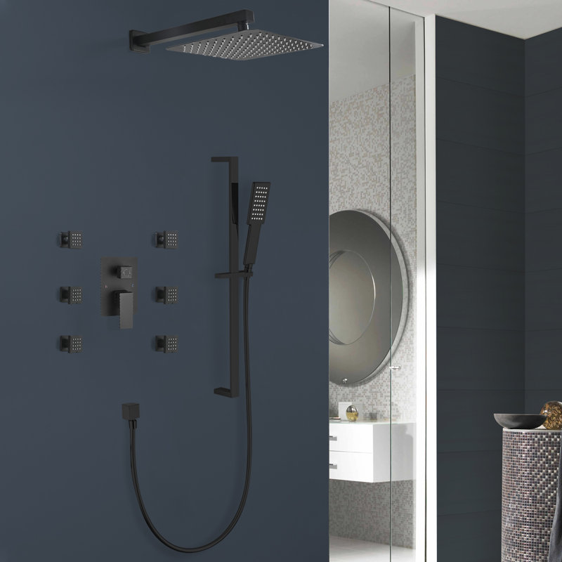 1-Spray 9.84 In. Wall Mount Dual Fixed And Handheld Shower Head 1.8 GPM With 6 Body-Sprays In Matte Black