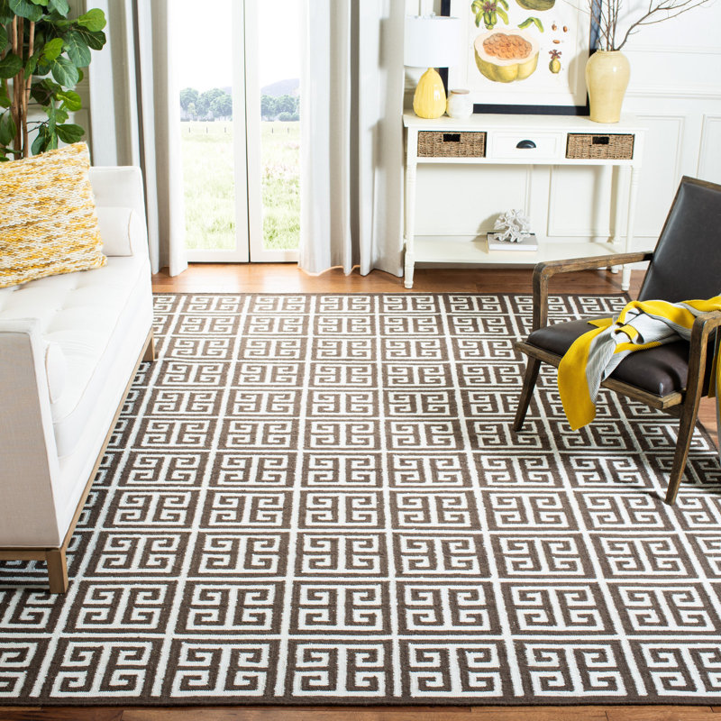Chale Hand Woven Flat Weave Banana Silk/Wool/Cotton Geometric Rug in Brown/ivory, Rectangle 6' x 9'