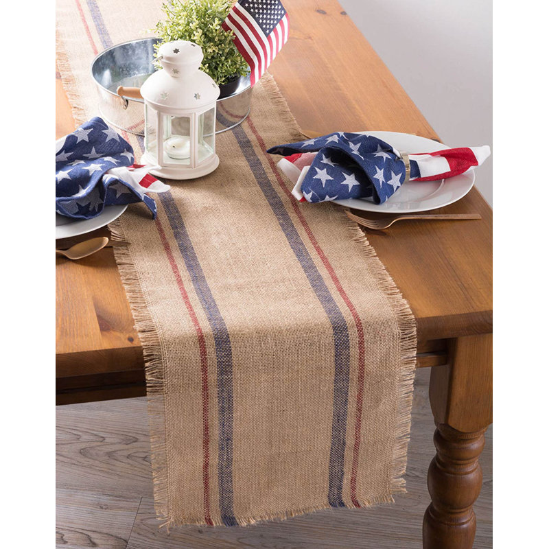 Remy Linen Table Runner, 108" L x 14" W, Natural Blue/Red
