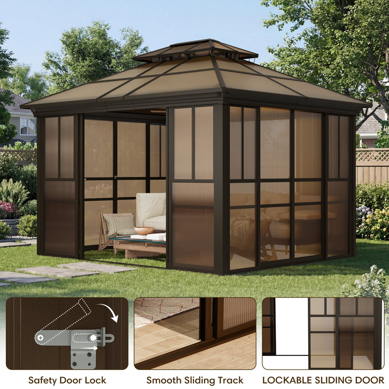 10 X 12 Ft Sunroom Kit,  All-weather Solarium Gazebo With Detachable Windows & Lockable Door, 109.2" H x 144" W x 120" D