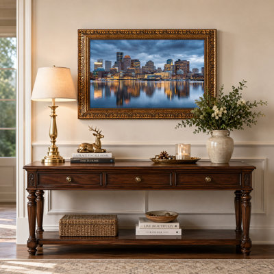 Art mural en toile noyer doré encadré pour le salon, la chambre à coucher, le bureau ou le vestibule - décoration murale décorative avec horizon de la ville