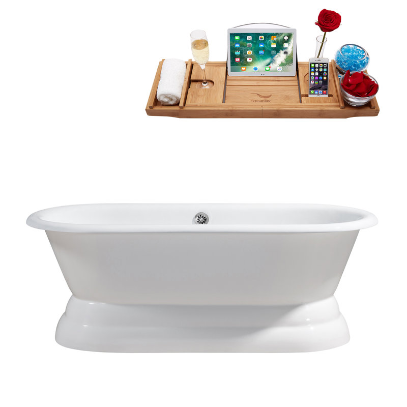 Baignoire de trempage autoportante en fonte 60 "avec plateau en bambou 60" Streamline, Chrome poli