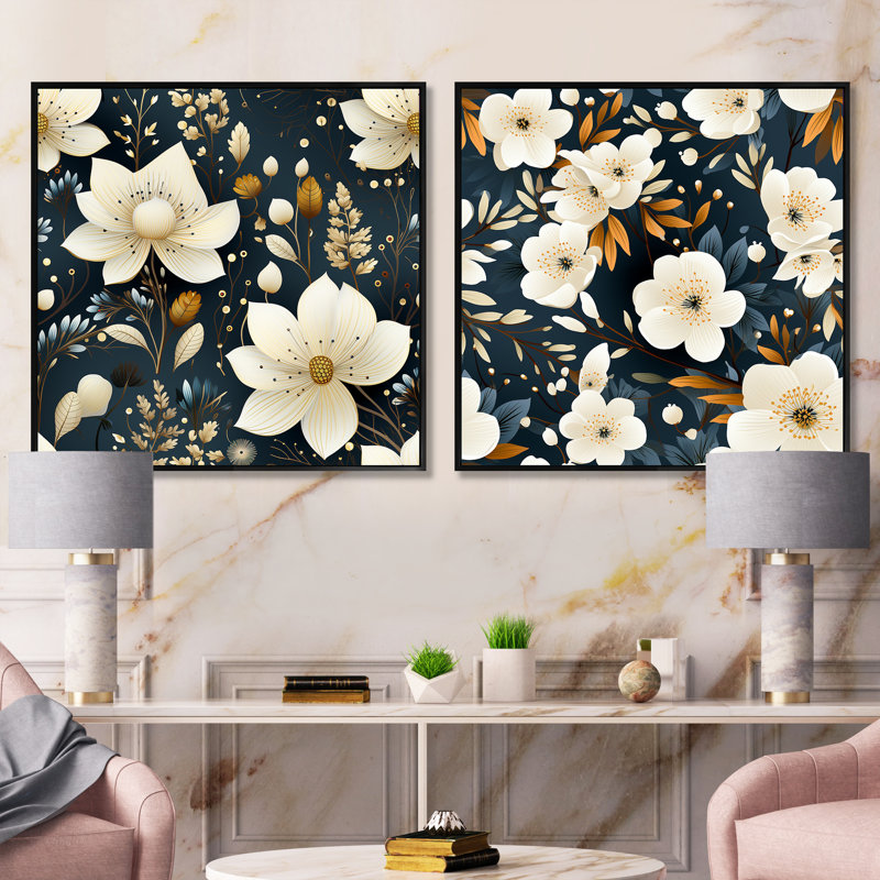 Imane - Ensemble de 2 collages carrés floraux, Cadre flottant noir, H 36 po x l 73 po