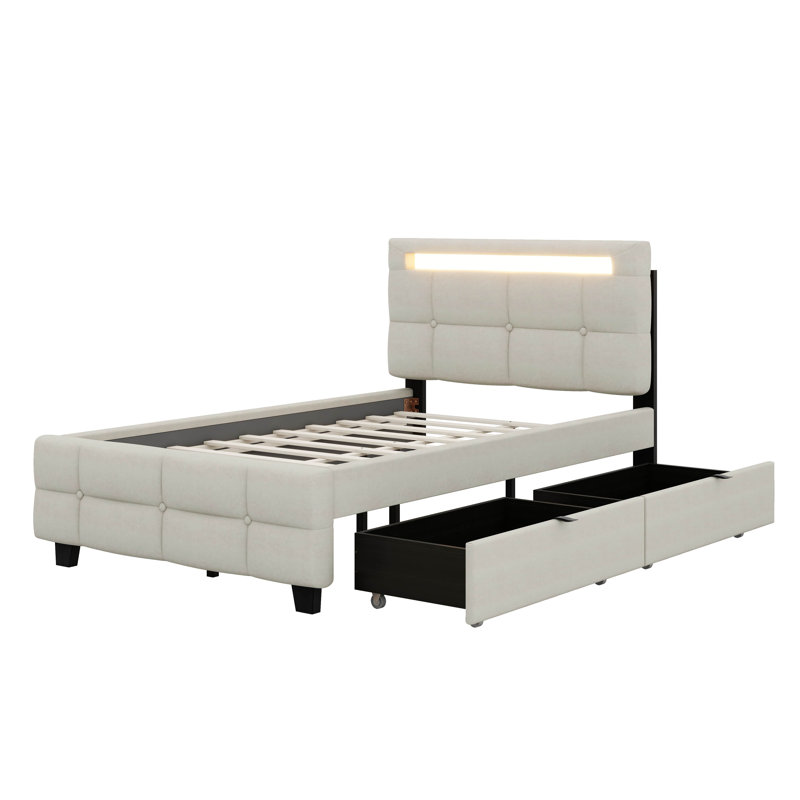 Lit plateforme tapissier simple avec lumière DEL et 2 tiroirs, lit plateforme avec tête de lit en tissu de lin, Beige