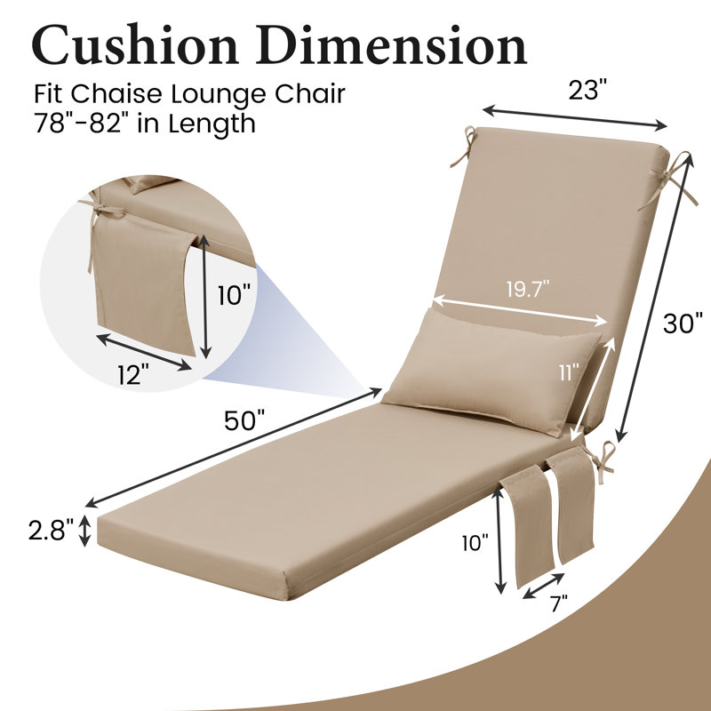 Coussin de chaise longue d'extérieur avec poche et coussin, L 23 po x P 80 po, Beige