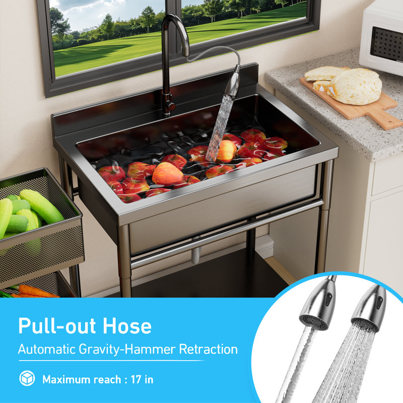 Black Heavy-Duty Freestanding Stainless Steel Sink With Pull-Out Faucet &300 Lbs Load-Bearing Shelf